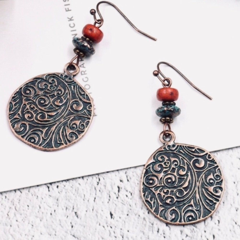 Bohemian embossed mixed metal wire dangle earrings